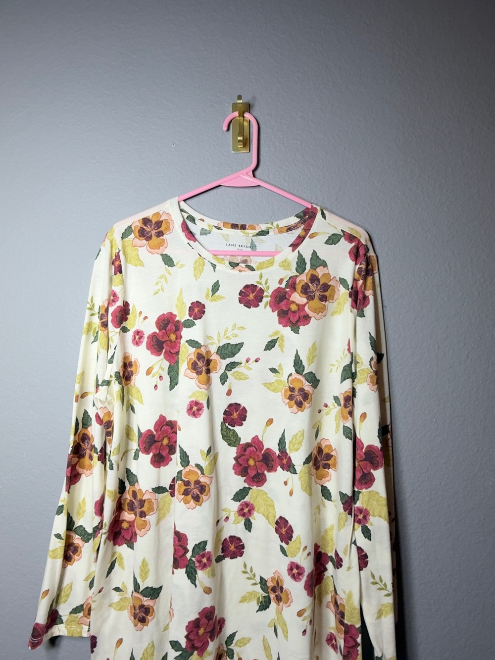 Lane Bryant Cream Floral Long Sleeve Tee with Pink and Mustard Blooms